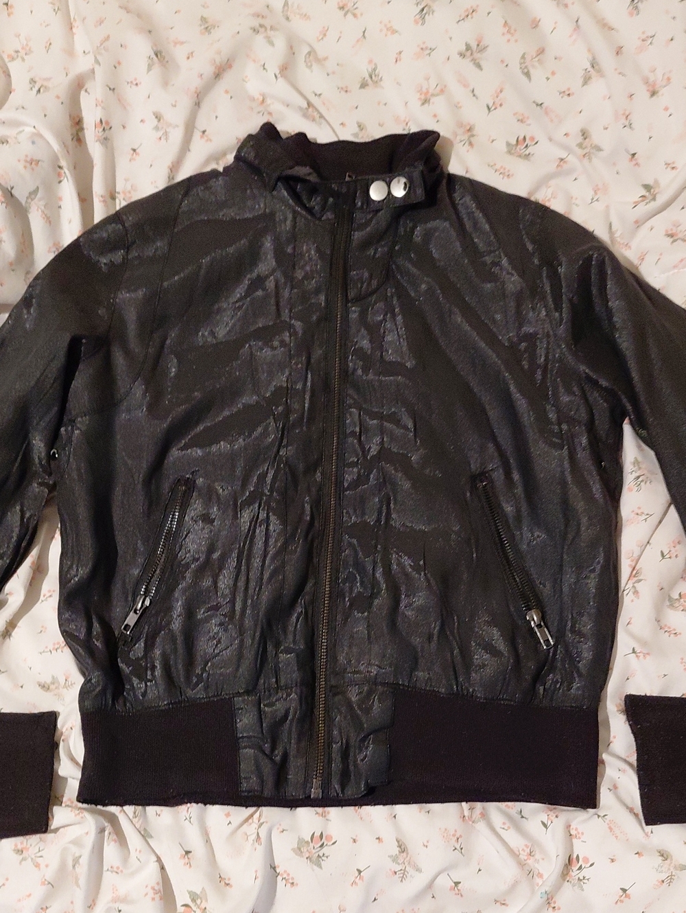 Large Iris Basic Black Shiny Bomber Jacket